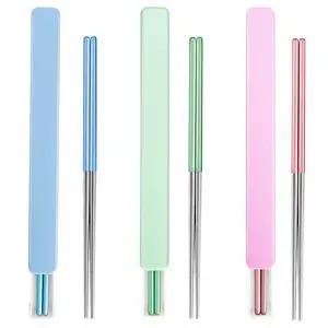 Metal Chopsticks With Case, 3 Pairs, Light Blue Green Pink Metal Chopsticks With Case, 3 Pairs, Light Blue Green Pink