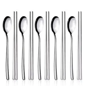 Spoons and Chopsticks Set, 5 Pairs Stainless Steel Flat Chopsticks, 5 Set Korean Spoons, Metal Reusable Chop Sticks Dishwasher Safe for Home, Kitchen or Restaurant Spoons and Chopsticks Set, 5 Pairs Stainless Steel Flat Chopsticks, 5 Set Korean Spoons, Metal Reusable Chop Sticks Dishwasher Safe for Home, Kitchen or Restaurant