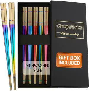Metal Chopsticks Reusable, 5 Pairs - Rainbow Iridescent Holographic Stainless Steel Chopsticks - Dishwasher Safe, Non-Slip, Extra Long 9" - Multicolor Japanese Sushi Gift Set Metal Chopsticks Reusable, 5 Pairs - Rainbow Iridescent Holographic Stainless Steel Chopsticks - Dishwasher Safe, Non-Slip, Extra Long 9" - Multicolor Japanese Sushi Gift Set
