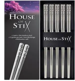 Stainless Steel Chopsticks 5 Pairs 304 Food-Grade Metal, Reusable Dishwasher Safe, Non-Slip Laser Engraved, Japanese Korean Style Gift Set Stainless Steel Chopsticks 5 Pairs 304 Food-Grade Metal, Reusable Dishwasher Safe, Non-Slip Laser Engraved, Japanese Korean Style Gift Set