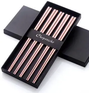 5-Pair Stainless Steel Chopsticks - Reusable Rose Gold Chinese Square Chopsticks 5-Pair Stainless Steel Chopsticks - Reusable Rose Gold Chinese Square Chopsticks