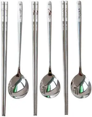 Reusable Chopstick and Spoon Set, Korean Long Handle Stainless Steel Spoon and Chopsticks Set, Dishwasher Safe Metal Chop sticks, Set of 3. (Multi-patterned) Reusable Chopstick and Spoon Set, Korean Long Handle Stainless Steel Spoon and Chopsticks Set, Dishwasher Safe Metal Chop sticks, Set of 3. (Multi-patterned)