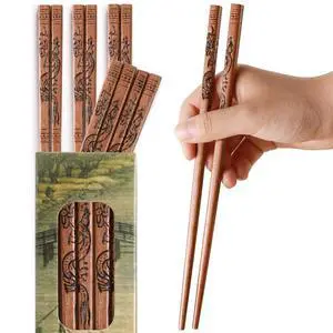 5 Pairs Natural Wooden Chopsticks Reusable Classic Chinese Style Chopsticks Gift Sets, Dishwasher Safe (A-Dragon) 5 Pairs Natural Wooden Chopsticks Reusable Classic Chinese Style Chopsticks Gift Sets, Dishwasher Safe (A-Dragon)