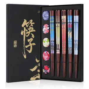 5 Pairs Reusable Wooden Chopsticks & Ceramic Rests Set, 8.8 Inch/22.5cm Classic Japanese Style Chop Sticks with Chopstick Holders for Ramen Sushi Asian Cuisine Lovers, Black Gift Box 5 Pairs Reusable Wooden Chopsticks & Ceramic Rests Set, 8.8 Inch/22.5cm Classic Japanese Style Chop Sticks with Chopstick Holders for Ramen Sushi Asian Cuisine Lovers, Black Gift Box