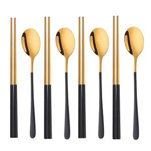 Reusable Korean Chopstick and Spoon Set,4 Sets Long Handle Stainless Steel Spoon and Chopsticks Set,Metal Chopsticks Dishwasher Safe, Black Gold. Reusable Korean Chopstick and Spoon Set,4 Sets Long Handle Stainless Steel Spoon and Chopsticks Set,Metal Chopsticks Dishwasher Safe, Black Gold.