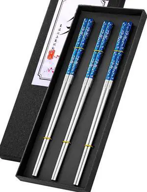 Metal Chopsticks Reusable, 3 Pairs Non-Slip Chop Sticks Reusable Dishwasher Safe, Titanium Plated Stainless Steel Chopsticks Present Set (Blue Silver) Metal Chopsticks Reusable, 3 Pairs Non-Slip Chop Sticks Reusable Dishwasher Safe, Titanium Plated Stainless Steel Chopsticks Present Set (Blue Silver)