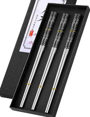 Metal Chopsticks Reusable, 3 Pairs Chop Sticks Reusable Dishwasher Safe, Titanium Plated Non-Slip Stainless Steel Chopsticks Present Set (Black Silver) Metal Chopsticks Reusable, 3 Pairs Chop Sticks Reusable Dishwasher Safe, Titanium Plated Non-Slip Stainless Steel Chopsticks Present Set (Black Silver)