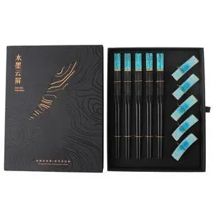 5-Pair Reusable Fiberglass Chopsticks with Ceramic Chopstick Rest - Chinese-Style Ink Painting Gift Set, Dishwasher Safe 5-Pair Reusable Fiberglass Chopsticks with Ceramic Chopstick Rest - Chinese-Style Ink Painting Gift Set, Dishwasher Safe