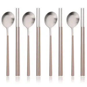 8-piece Brown Korean Chopstick and Spoon Set Service for 4 Matte Stainless Steel Flat Chopsticks Soup Spoons Set Satin Finished Dishwasher Safe for Noodles Sushi 8-piece Brown Korean Chopstick and Spoon Set Service for 4 Matte Stainless Steel Flat Chopsticks Soup Spoons Set Satin Finished Dishwasher Safe for Noodles Sushi