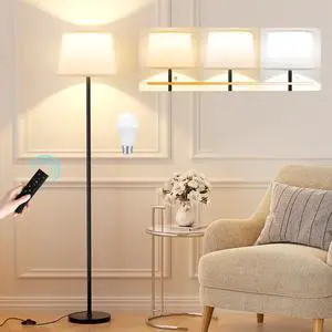 Modern Floor Lamp with Adjustable Brightness, Remote Control, Black, LED Bulbs, White Shade, Foot Switch, Easy Assembly Modern Floor Lamp with Adjustable Brightness, Remote Control, Black, LED Bulbs, White Shade, Foot Switch, Easy Assembly
