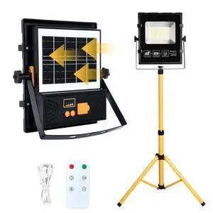 Solar Powered Work Light with 120H Runtime & Remote Control, Led Work Light with Stand LED Flood Light, 360° Adjustable with 5ft Stand for Hurricane, Power Outage, Construction, Camping Solar Powered Work Light with 120H Runtime & Remote Control, Led Work Light with Stand LED Flood Light, 360° Adjustable with 5ft Stand for Hurricane, Power Outage, Construction, Camping