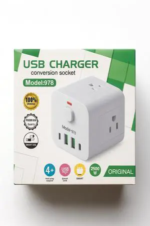 USB Charger Conversion Socket with Smart Charging, Model 978, 2500W Multi Plug Adapter with AC Outlets and USB Ports USB Charger Conversion Socket with Smart Charging, Model 978, 2500W Multi Plug Adapter with AC Outlets and USB Ports