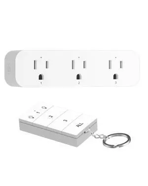 Remote Control Outlet with 3 Independent Control Sockets, Compact Wireless Remote Outlet Switch Plug, 100FT Range, 15A/1875W, Battery Included, White Remote Control Outlet with 3 Independent Control Sockets, Compact Wireless Remote Outlet Switch Plug, 100FT Range, 15A/1875W, Battery Included, White