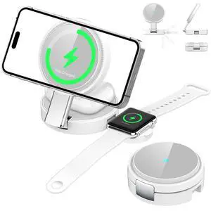 3 in 1 Magnetic Wireless Charging Station for iPhone 17/16/15/14/13/12 Series, Apple Watch and AirPods, MagSafe-Compatible 15W Fast Charging Stand, Foldable Adjustable Travel Charger, White 3 in 1 Magnetic Wireless Charging Station for iPhone 17/16/15/14/13/12 Series, Apple Watch and AirPods, MagSafe-Compatible 15W Fast Charging Stand, Foldable Adjustable Travel Charger, White