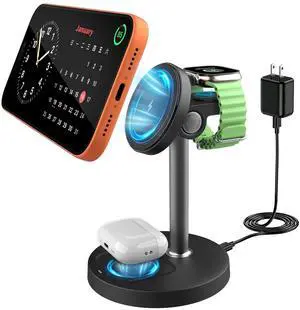 3-in-1 Magnetic Wireless Charging Station, 15W Fast Charging for iPhone 17/16/15/14/13/12, Watch Ultra/SE/S1-11 & AirPods Pro/3/2, Adjustable Standing Dock with USB-C 3-in-1 Magnetic Wireless Charging Station, 15W Fast Charging for iPhone 17/16/15/14/13/12, Watch Ultra/SE/S1-11 & AirPods Pro/3/2, Adjustable Standing Dock with USB-C