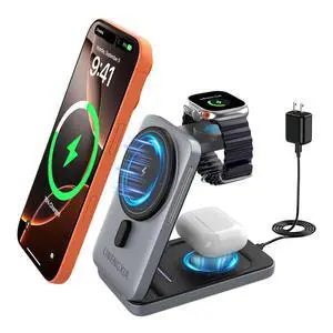 3-in-1 Magnetic Wireless Charging Station, 15W Fast Charging Stand for iPhone 17/16/15/14/13/12, Watch S1-11/Ultra/SE & AirPods Pro/3/2, Foldable Adjustable Desktop Dock with USB-C 3-in-1 Magnetic Wireless Charging Station, 15W Fast Charging Stand for iPhone 17/16/15/14/13/12, Watch S1-11/Ultra/SE & AirPods Pro/3/2, Foldable Adjustable Desktop Dock with USB-C