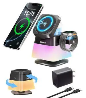 4 in 1 Wireless Charging Station,Charger Stand with Night Light for iPhone17/16/15/14/13/12,Airpods,Watch(20W Adapter),Magnetic Charging Station for Apple 4 in 1 Wireless Charging Station,Charger Stand with Night Light for iPhone17/16/15/14/13/12,Airpods,Watch(20W Adapter),Magnetic Charging Station for Apple