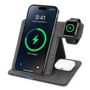 3 in 1 Wireless Charging Station, Foldable Wireless Charger Stand for iPhone 15/14/13/12, Apple Watch Series 9/8/7/6/5/4/3/SE, AirPods Pro 2/3, Fabric Portable Travel Charger Dock (Gray) 3 in 1 Wireless Charging Station, Foldable Wireless Charger Stand for iPhone 15/14/13/12, Apple Watch Series 9/8/7/6/5/4/3/SE, AirPods Pro 2/3, Fabric Portable Travel Charger Dock (Gray)