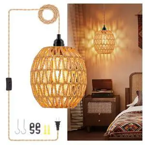 Plug in Pendant Light Rattan Hanging Lamp - Hanging Lights with Plug in Cord 15ft Pendant Light Fixture with Wicker Lampshade Boho Hanging Lamps for Bedroom Living Room Decor (1-Egg Lampshade) Plug in Pendant Light Rattan Hanging Lamp - Hanging Lights with Plug in Cord 15ft Pendant Light Fixture with Wicker Lampshade Boho Hanging Lamps for Bedroom Living Room Decor (1-Egg Lampshade)