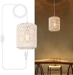 Plug in Pendant Light, Rattan Hanging Lights with Plug in Cord 15ft Dimmable Cord, Hand Woven Wicker Lampshade Hanging Lamp, Boho Plug in Hanging Ceiling Light Fixture for Farmhouse Bedroom White Plug in Pendant Light, Rattan Hanging Lights with Plug in Cord 15ft Dimmable Cord, Hand Woven Wicker Lampshade Hanging Lamp, Boho Plug in Hanging Ceiling Light Fixture for Farmhouse Bedroom White