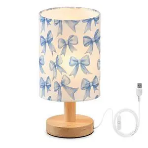 Bedside Table Lamp Blue Watercolor Coquette Bow Small Desk Lamps Linen Fabric Shade Decorative Nightstand Lamp LED with USB Port Wood Base for Bedroom Living Room Bedside Table Lamp Blue Watercolor Coquette Bow Small Desk Lamps Linen Fabric Shade Decorative Nightstand Lamp LED with USB Port Wood Base for Bedroom Living Room