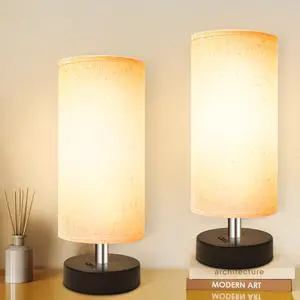 Bedside Table Lamp, Mini Minimalist, Flaxen Fabric Shade, 2 Pack Bedside Table Lamp, Mini Minimalist, Flaxen Fabric Shade, 2 Pack