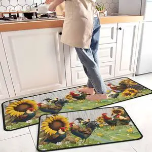 Farmhouse Rooster Sunflower Kitchen Rugs Set of 2, Vintage White Wood Plank Water Absorbent Non Slip Kitchen Floor Mats, Country Farm Runner Rug for Sink Laundry Room Decor, 17"x30"+17"x47" Farmhouse Rooster Sunflower Kitchen Rugs Set of 2, Vintage White Wood Plank Water Absorbent Non Slip Kitchen Floor Mats, Country Farm Runner Rug for Sink Laundry Room Decor, 17"x30"+17"x47"