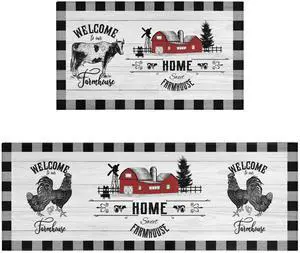 Farmhouse Kitchen Rugs Sets of 2 Black and White Buffalo Plaid Cow Rooster Kitchen Rug Non-Slip Washable Farmhouse Kitchen Mats for Floor Farmhouse Kitchen Rugs Sets of 2 Black and White Buffalo Plaid Cow Rooster Kitchen Rug Non-Slip Washable Farmhouse Kitchen Mats for Floor