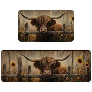 Farmhouse Kitchen Rugs Sets of 2 Non Slip Washable, Country Rustic Brown Highland Cow Kitchen Mats for Floor 2 Piece Home Decor Farmhouse Kitchen Rugs Sets of 2 Non Slip Washable, Country Rustic Brown Highland Cow Kitchen Mats for Floor 2 Piece Home Decor