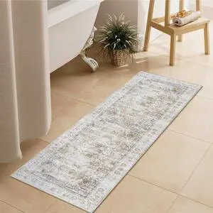 Bathroom Rugs Runner, Distressed Farmhouse Boho Light Khaki Bath Mat, Non Slip Washable Long Bath Rugs, Vintage Traditonal Soft Velvet Bathroom Runner for Bathtub Sink Shower, 18x47 inch Bathroom Rugs Runner, Distressed Farmhouse Boho Light Khaki Bath Mat, Non Slip Washable Long Bath Rugs, Vintage Traditonal Soft Velvet Bathroom Runner for Bathtub Sink Shower, 18x47 inch