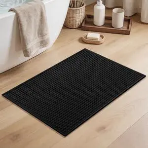 Waffle Ultra Thin Small Bath Mat, Soft & Absorbent Bathroom Rug, Non-Slip Rubber Backed, Quick Dry Shower Mat, Boho Farmhouse Bathroom Decor, Machine Washable, Black, 17 * 24 Waffle Ultra Thin Small Bath Mat, Soft & Absorbent Bathroom Rug, Non-Slip Rubber Backed, Quick Dry Shower Mat, Boho Farmhouse Bathroom Decor, Machine Washable, Black, 17 * 24