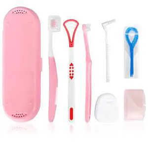 7-in-1 Travel Oral Care Kit with Case Toothbrush, Tongue Scraper, Wisdom Toothbrush, Dental Floss, Floss Threaders, Interdental Brush, Dental Wax, Portable Hygiene Set for Daily Use Travel (Pink) 7-in-1 Travel Oral Care Kit with Case Toothbrush, Tongue Scraper, Wisdom Toothbrush, Dental Floss, Floss Threaders, Interdental Brush, Dental Wax, Portable Hygiene Set for Daily Use Travel (Pink)