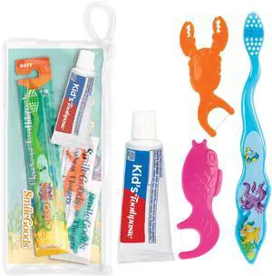 FlosSeas Child Dental Care Kit, Travel Size Bundle w/Assorted Color Toothbrush, Kids Toothpaste and Flossers, TSA Friendly Kids Oral Care Kit FlosSeas Child Dental Care Kit, Travel Size Bundle w/Assorted Color Toothbrush, Kids Toothpaste and Flossers, TSA Friendly Kids Oral Care Kit