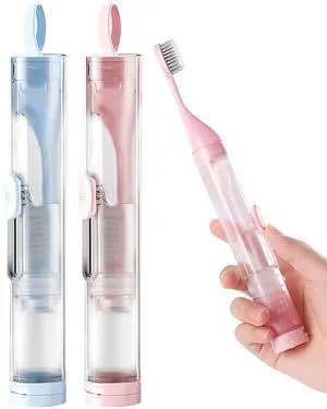 2 Pcs Travel Toothbrush Kit Fold Built-in Set, Soft Bristles for Travel Camping School Business Trip Essential (Blue, Pink) 2 Pcs Travel Toothbrush Kit Fold Built-in Set, Soft Bristles for Travel Camping School Business Trip Essential (Blue, Pink)
