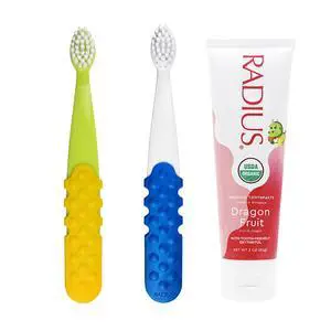Toddler Toothbrush and Toothpaste Bundle for Kids, 2 Pack Totz Plus Silky Soft Brush in White/Sapphire Blue and Green/Yellow and 1 Count Dragon Fruit Toothpaste, for Children 18 Months and Up Toddler Toothbrush and Toothpaste Bundle for Kids, 2 Pack Totz Plus Silky Soft Brush in White/Sapphire Blue and Green/Yellow and 1 Count Dragon Fruit Toothpaste, for Children 18 Months and Up