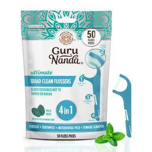 Quad Clean Floss Picks 4-in-1 with Tongue Scraper, Interdental Pik & Toothpick, Non-Shred Dyneema Thread, with Xylitol & Baking Soda, 50ct Quad Clean Floss Picks 4-in-1 with Tongue Scraper, Interdental Pik & Toothpick, Non-Shred Dyneema Thread, with Xylitol & Baking Soda, 50ct