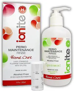 Ionite-H Home Care - Periodontal 0.63% Stannous Fluoride Mouthwash for Oral Treatment - Perio Maintenance Flouride Rinse Mouthwash - with Mixing Cup/Shaker and Dispensing Pump (10 Fl oz, Spearmint) Ionite-H Home Care - Periodontal 0.63% Stannous Fluoride Mouthwash for Oral Treatment - Perio Maintenance Flouride Rinse Mouthwash - with Mixing Cup/Shaker and Dispensing Pump (10 Fl oz, Spearmint)