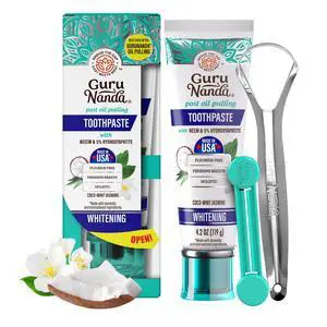 GuruNanda Hydroxyapatite Toothpaste for Whitening with Neem & Xylitol, SLS & Fluoride Free Formula with Tongue Scraper & Squeezer - Freshens Breath, Fights Plaque - Natural CocoMint Jasmine, 4.2oz GuruNanda Hydroxyapatite Toothpaste for Whitening with Neem & Xylitol, SLS & Fluoride Free Formula with Tongue Scraper & Squeezer - Freshens Breath, Fights Plaque - Natural CocoMint Jasmine, 4.2oz