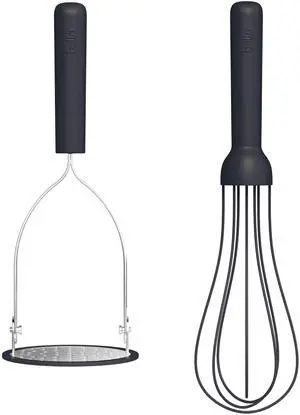 2 Piece Compact Masher and Whisk Set, Fold Flat, Stainless steel and silicone, Foldable Masher, Ballon Whisk, Flat Whisk, Non-stick, Nonslip, Heat safe to 425°F, Slate 2 Piece Compact Masher and Whisk Set, Fold Flat, Stainless steel and silicone, Foldable Masher, Ballon Whisk, Flat Whisk, Non-stick, Nonslip, Heat safe to 425°F, Slate