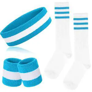 5 Pieces Sweatbands Striped Socks Set Sports Headband Wristbands High Tube Socks 80s Accessories Costumes 5 Pieces Sweatbands Striped Socks Set Sports Headband Wristbands High Tube Socks 80s Accessories Costumes