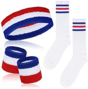 5Pcs Sports Headband Wristband and Striped Socks Set, Sweatbands Wristband, 80s Accessories Costumes for Men Women (Red/White/Blue) 5Pcs Sports Headband Wristband and Striped Socks Set, Sweatbands Wristband, 80s Accessories Costumes for Men Women (Red/White/Blue)
