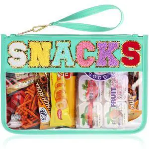 Snack Bag for Travel - Clear Chenille Varsity Letter Flat Pouch with Zipper, Waterproof Clear PVC&PU Preppy Patch Makeup Cosmetic tote Bags for Women (Green-Snacks) Snack Bag for Travel - Clear Chenille Varsity Letter Flat Pouch with Zipper, Waterproof Clear PVC&PU Preppy Patch Makeup Cosmetic tote Bags for Women (Green-Snacks)