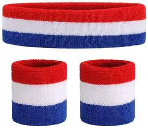 Sweatband Set Premium Sports Headband Wristband Set Sweatbands Terry Cloth Wristband Wrist Sweatband Headbands Moisture Wicking Sweat Absorbing Head Band Red/White/Blue Sweatband Set Premium Sports Headband Wristband Set Sweatbands Terry Cloth Wristband Wrist Sweatband Headbands Moisture Wicking Sweat Absorbing Head Band Red/White/Blue