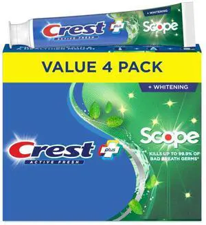 Scope, Active Fresh, Teeth Whitening Toothpaste for adults, 5.5oz 4 pack, Bad Breath Treatment, Breath Freshner, for Sensitive Teeth, Deep Stain remover, Travel Size Toiletries Scope, Active Fresh, Teeth Whitening Toothpaste for adults, 5.5oz 4 pack, Bad Breath Treatment, Breath Freshner, for Sensitive Teeth, Deep Stain remover, Travel Size Toiletries