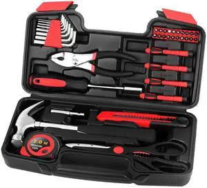 39-Piece Basic Household Tool Set, Red Hand Kit With Storage Case 39-Piece Basic Household Tool Set, Red Hand Kit With Storage Case
