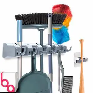 Combo 5 Slot Broom Holder w/ 1 Self Adhesive Mop Gripper No-Drilling, Wall Mount Tool Organizers For Kitchen, Garage, Laundry Room- Anti-Slip Hanger For Brooms, Mops, Rakes, Dustpans (Grey / White) Combo 5 Slot Broom Holder w/ 1 Self Adhesive Mop Gripper No-Drilling, Wall Mount Tool Organizers For Kitchen, Garage, Laundry Room- Anti-Slip Hanger For Brooms, Mops, Rakes, Dustpans (Grey / White)