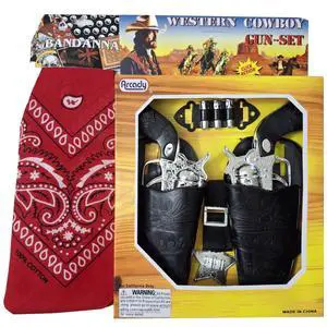 Red Bandana, Toy Gun Play Set, Black and Chrome Finish Badge Western Cowboy Costume Accessories, for Halloween Parties Red Bandana, Toy Gun Play Set, Black and Chrome Finish Badge Western Cowboy Costume Accessories, for Halloween Parties