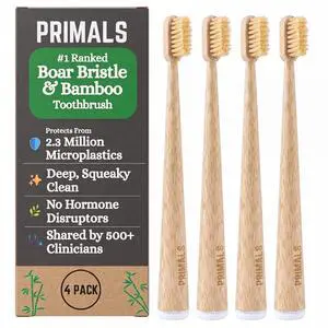 Boar Bristle & Bamboo Toothbrush (4-Pack) - Premium Boar Bristles - Fully Biodegradable - Plastic & Nylon Free - Quick Dry Design Boar Bristle & Bamboo Toothbrush (4-Pack) - Premium Boar Bristles - Fully Biodegradable - Plastic & Nylon Free - Quick Dry Design