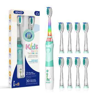 Kids Electric Toothbrush with 2 Mins Brushing Timer and 8 Replacement Brush Heads,Rainbow LED Light Makes Brushing Fun, Battery Powered Toothbrush for Boys & Girls 3-6-8 Years Old,Green Kids Electric Toothbrush with 2 Mins Brushing Timer and 8 Replacement Brush Heads,Rainbow LED Light Makes Brushing Fun, Battery Powered Toothbrush for Boys & Girls 3-6-8 Years Old,Green