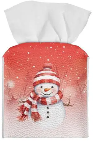 Tissue Box Cover, Red Christmas Snowman Facial Tissue Case for Women Girls Durable Leather Napkin Holder Case Paper Organizer Dispenser for Bathrooms/Office/Car/Nightstand Tissue Box Cover, Red Christmas Snowman Facial Tissue Case for Women Girls Durable Leather Napkin Holder Case Paper Organizer Dispenser for Bathrooms/Office/Car/Nightstand